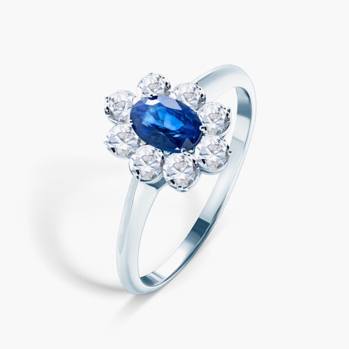 Pierścionek zaręczynowy SAVICKI: białe złoto, niebieski szafir, białe szafiry